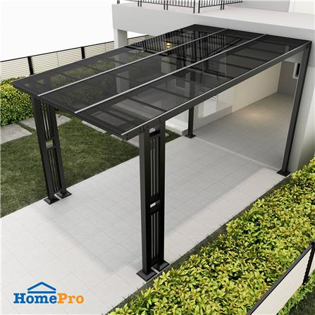 โรงจอดรถสำเร็จรูป หลังคาโพลีคาร์บอเนตแบบตัน ไม่มีรางน้ำฝน เสาตกแต่ง SUNSHIELD 3x5 เมตร สีเทา_3