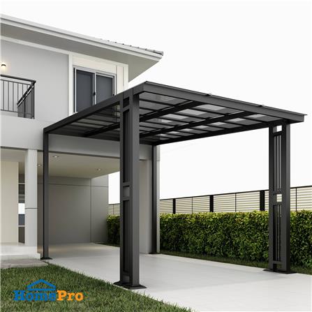 โรงจอดรถสำเร็จรูป หลังคาโพลีคาร์บอเนตแบบตัน ไม่มีรางน้ำฝน เสาตกแต่ง SUNSHIELD 3x5 เมตร สีเทา_4