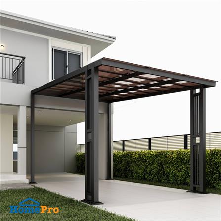 โรงจอดรถสำเร็จรูป หลังคาโพลีคาร์บอเนตแบบตัน ไม่มีรางน้ำฝน เสาตกแต่ง SUNSHIELD 3x5 เมตร สีน้ำตาล_3