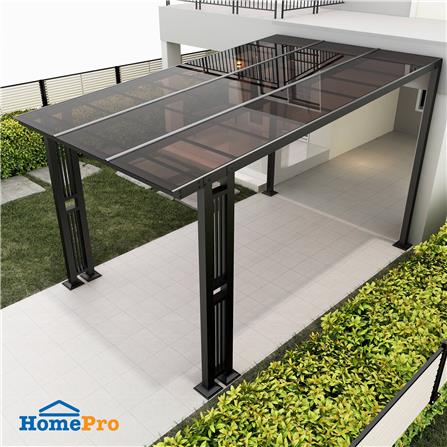 โรงจอดรถสำเร็จรูป หลังคาโพลีคาร์บอเนตแบบตัน ไม่มีรางน้ำฝน เสาตกแต่ง SUNSHIELD 3x5 เมตร สีน้ำตาล_2