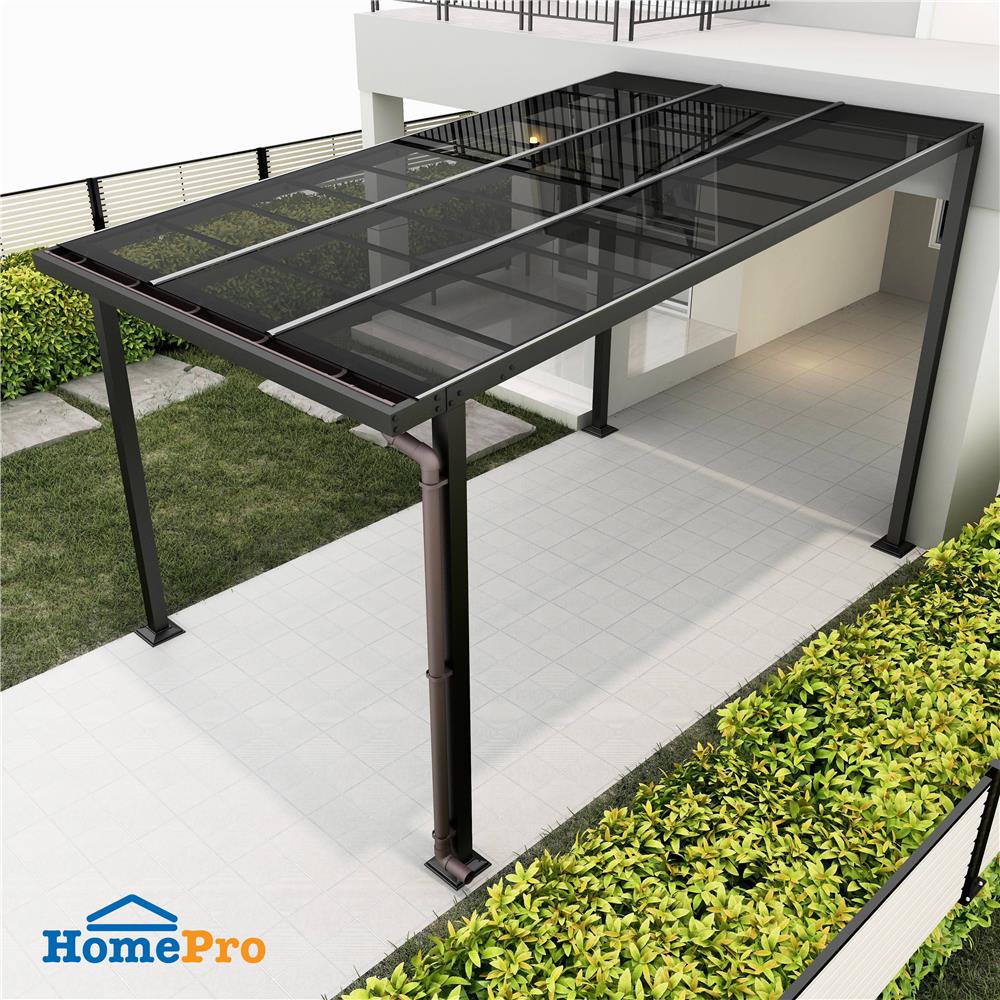 โรงจอดรถสำเร็จรูป หลังคาโพลีคาร์บอเนตแบบตัน มีรางน้ำฝน เสาธรรมดา SUNSHIELD 3x5 เมตร สีเทา