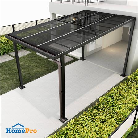 โรงจอดรถสำเร็จรูป หลังคาโพลีคาร์บอเนตแบบตัน มีรางน้ำฝน เสาธรรมดา SUNSHIELD 3x5 เมตร สีเทา_3