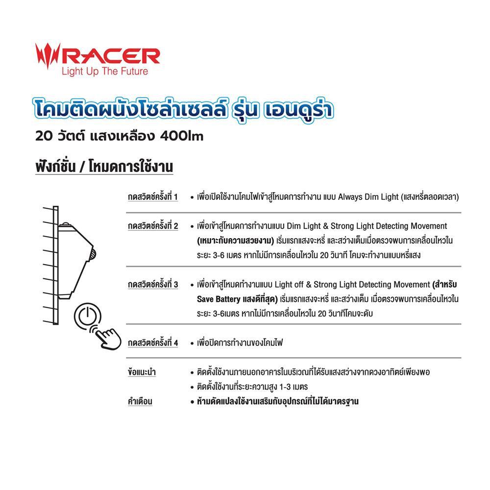ไฟผนังภายนอก SOLAR RACER ENDURA 20 วัตต์ WARM WHITE สีดำ (1 แถม 1)