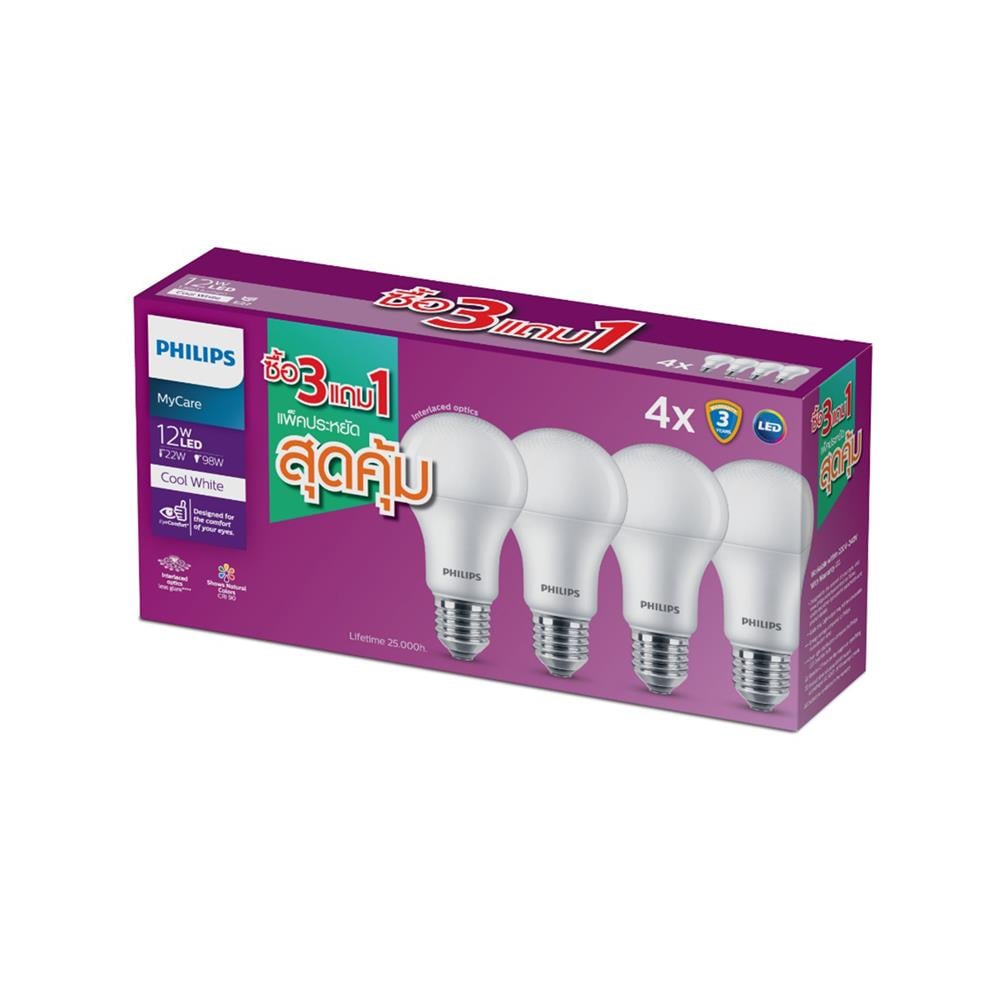 หลอด LED PHILIPS A60 12 วัตต์ COOL WHITE E27 (แพ็ก 4 ชิ้น)