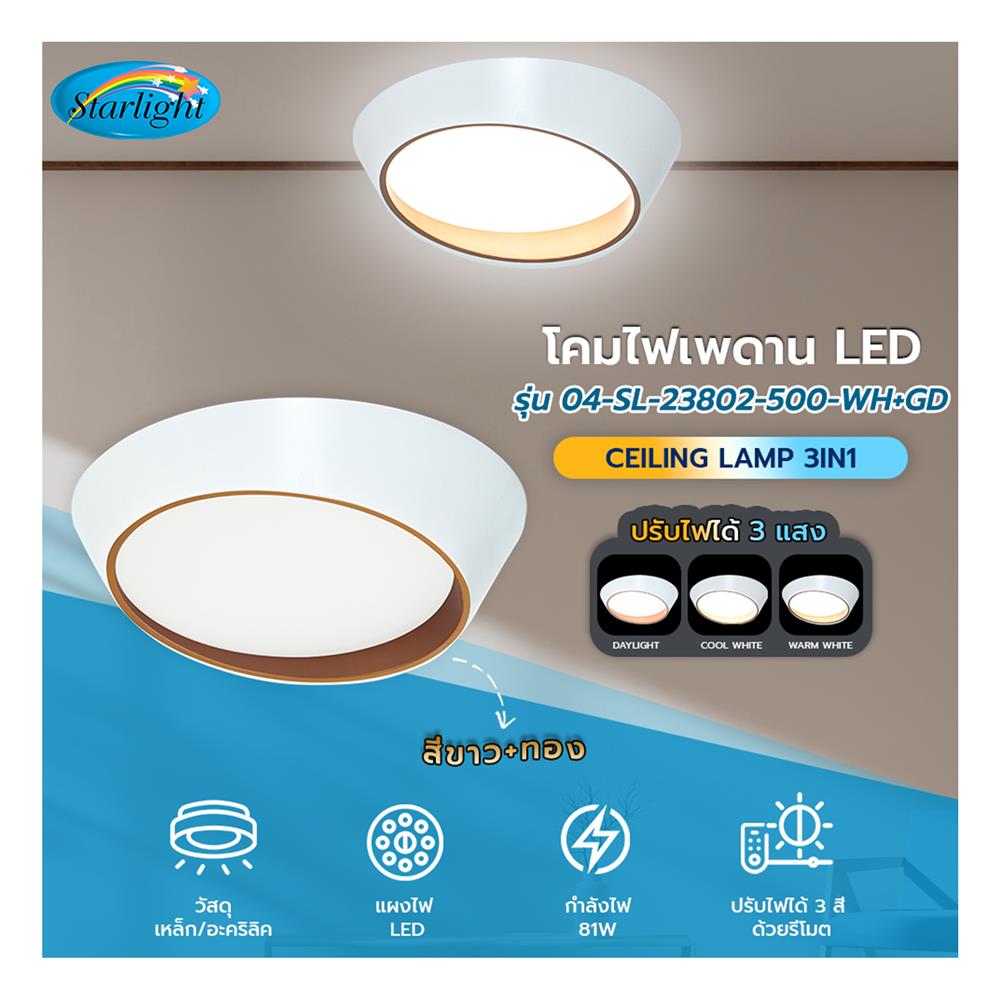 ไฟเพดาน LED STARLIGHT 04-SL-23802-500 81 วัตต์ DAYLIGHT/COOL WHITE/WARMWHITE 19 นิ้ว สีขาว/ทอง