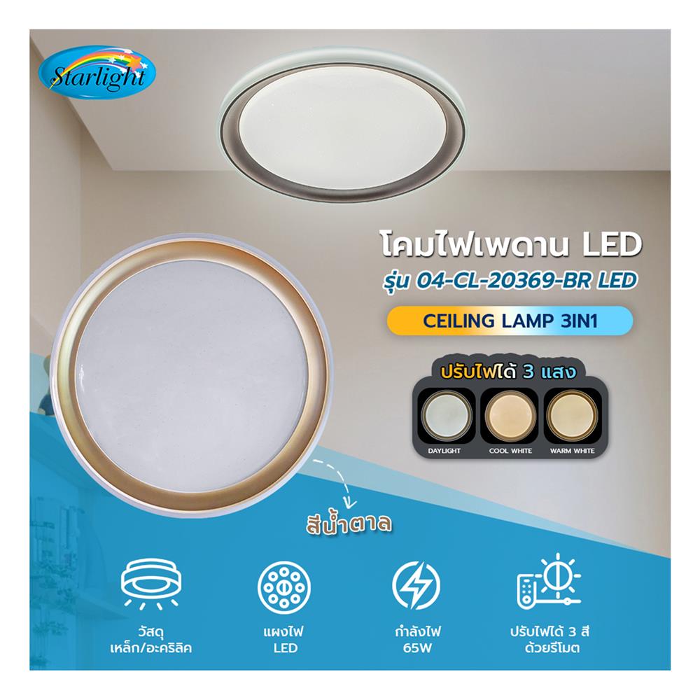 ไฟเพดาน LED STARLIGHT 04-CL-20369-BR 65 วัตต์ DAYLIGHT/COOL WHITE/WARMWHITE 19 นิ้ว สีขาว/น้ำตาล