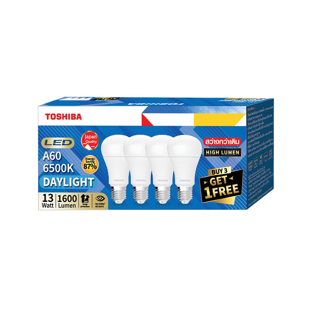 หลอด LED TOSHIBA A60 HIGH LUMEN 13 วัตต์ DAYLIGHT E27 (แพ็ก 4 ชิ้น)