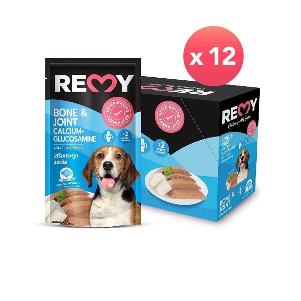 อาหารเปียกสุนัข REMY ปลาทูน่าหน้าปลาเนื้อขาว สูตรเสริมกระดูกและข้อ (แพ็ก 12 ชิ้น)