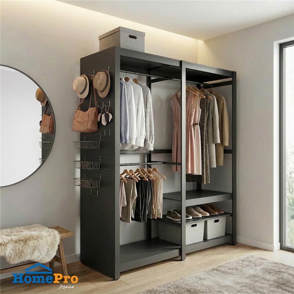 ตู้เสื้อผ้าบานโล่ง+เพ็กบอร์ด FURDINI BROOK 160 ซม. สีดำ