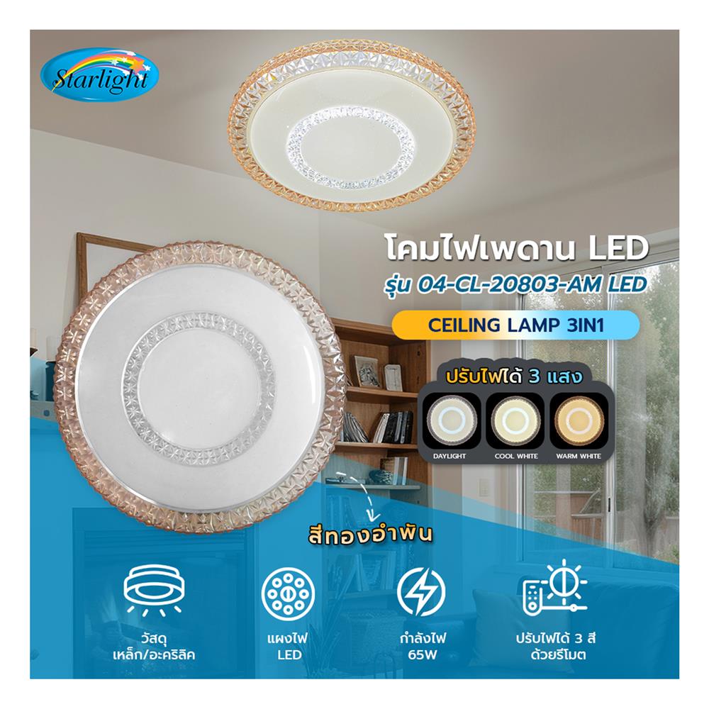 ไฟเพดาน LED STARLIGHT 04-CL-20803-AM 65 วัตต์ DAYLIGHT/COOL WHITE/WARMWHITE 19 นิ้ว สีขาว/ทอง