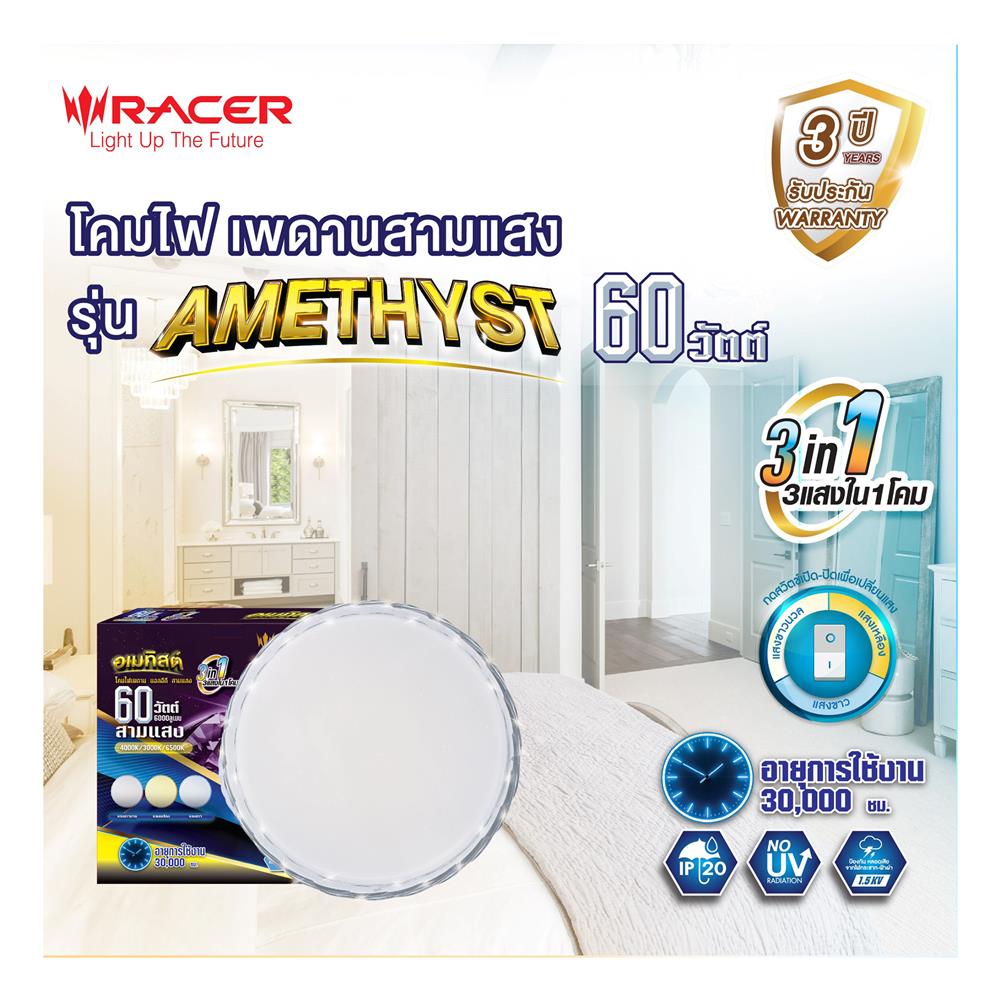 ไฟเพดาน LED RACER AMETHYST-02 19.5 นิ้ว 60 วัตต์ DAYLIGHT/COOL WHITE/WARM WHITE