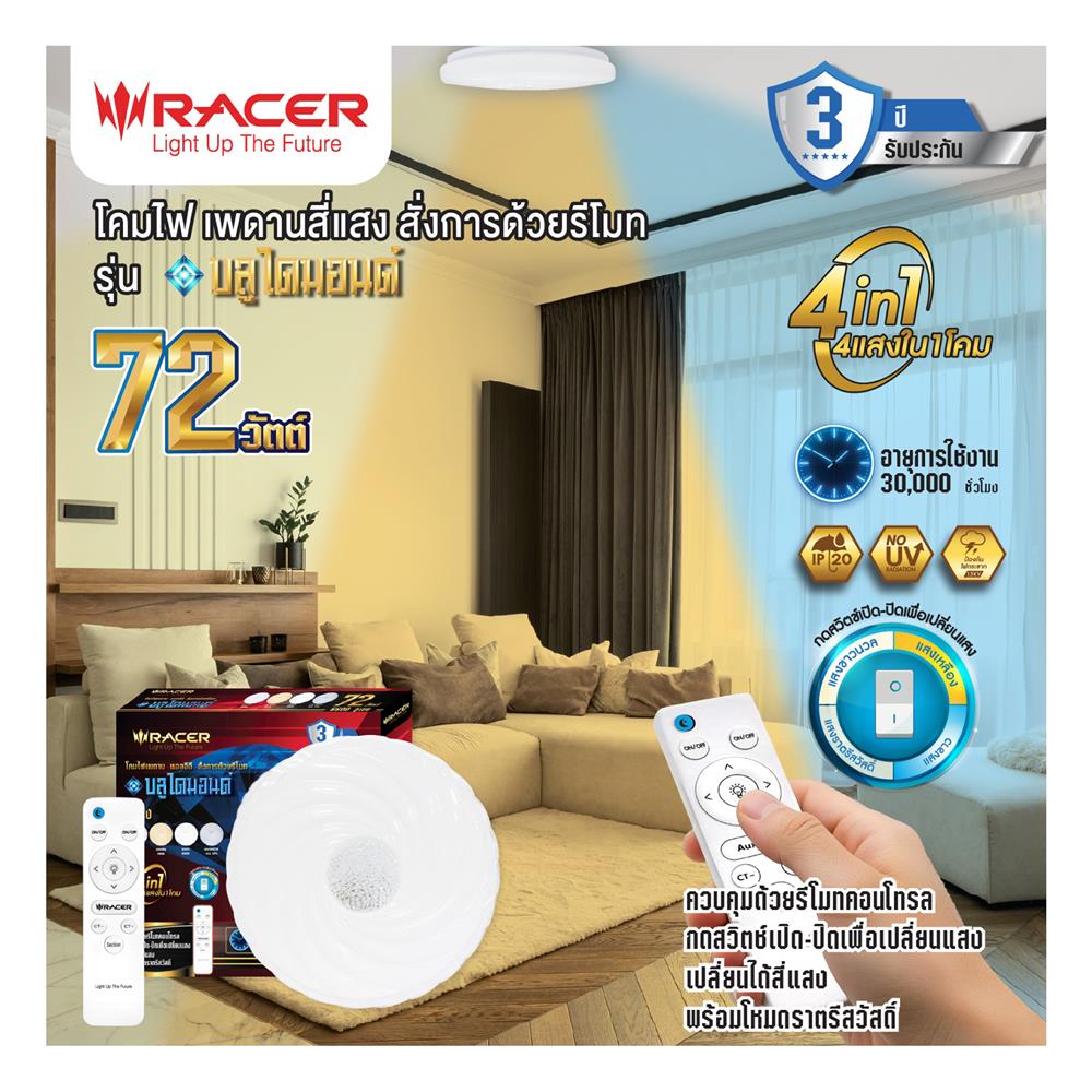 ไฟเพดาน LED RACER REMOTE BLUEDIAMOND 19.5 นิ้ว 72 วัตต์ DAYLIGHT/COOL WHITE/WARM WHITE