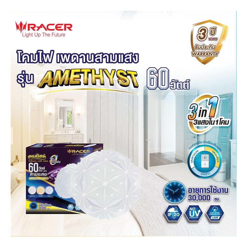 ไฟเพดาน LED RACER AMETHYST-01 19.5 นิ้ว 60 วัตต์ DAYLIGHT/COOL WHITE/WARM WHITE