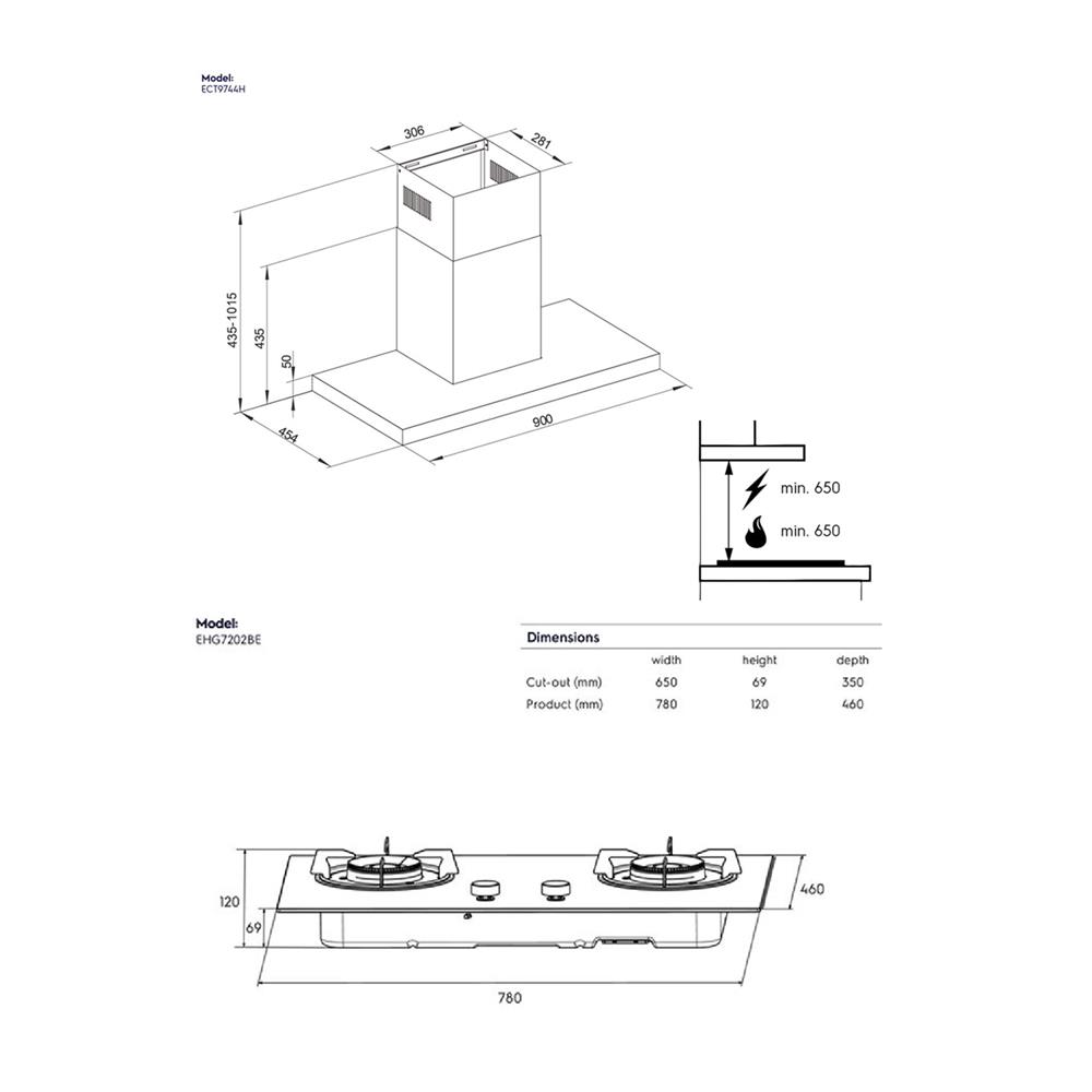เตาฝัง+เครื่องดูดควัน ELECTROLUX EHG7202BE+ECT9744H