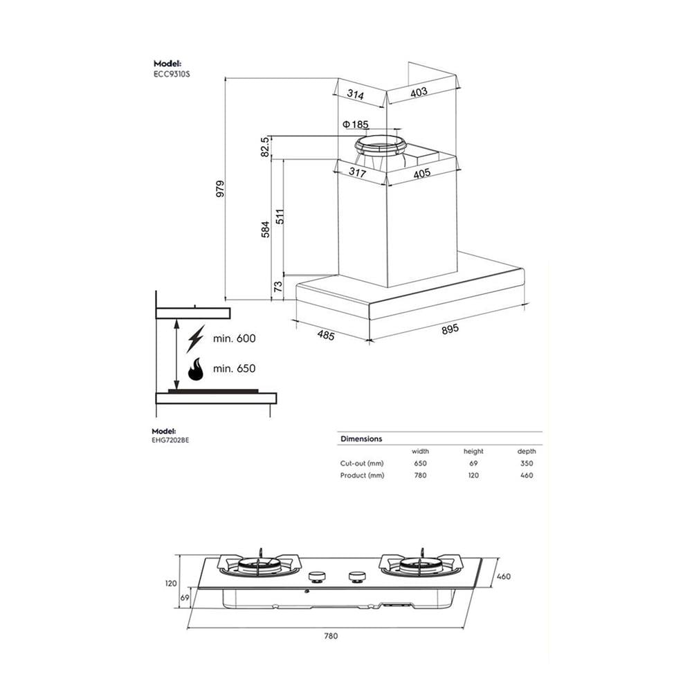 เตาฝัง+เครื่องดูดควัน ELECTROLUX EHG7202BE+ECC9310S