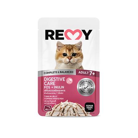 อาหารเปียกแมว REMY TUNA IN JELLY TOPPING WHITE FISH ADULT 7+ สูตรเสริมระบบย่อยอาหาร_0