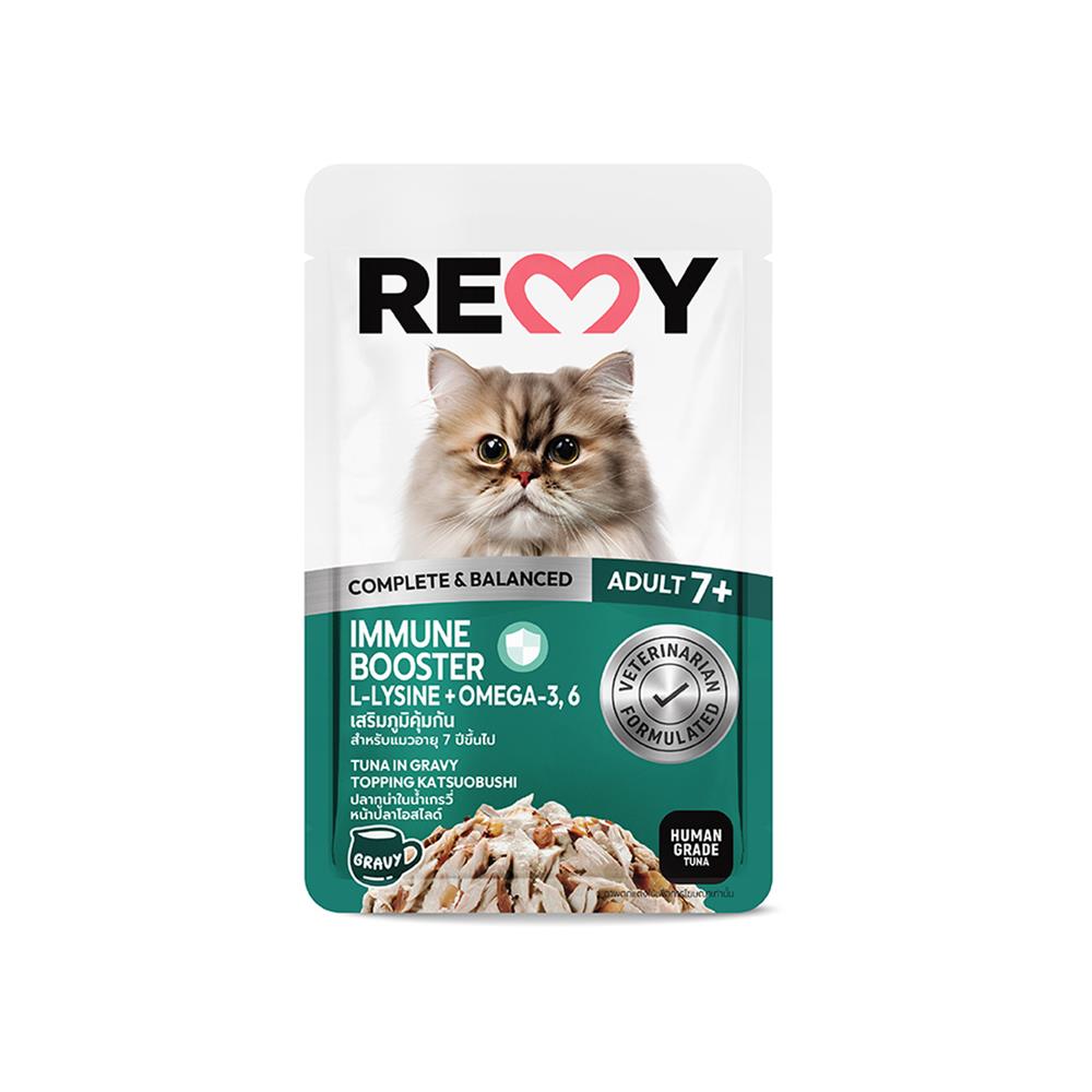 อาหารเปียกแมว REMY TUNA IN GRAVY TOPPING KATSUOBUSHI ADULT 7+ สูตรเสริมภูมิคุ้มกัน