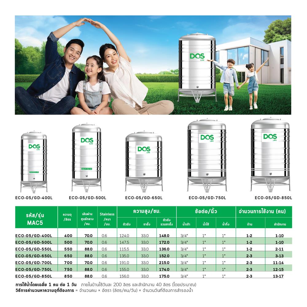 ถังเก็บน้ำสเตนเลส DOS ECO-05/GD-650L 650 ลิตร