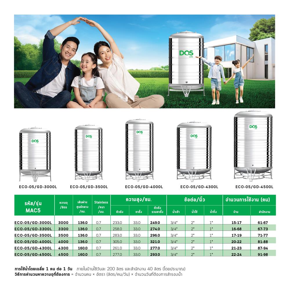 ถังเก็บน้ำสเตนเลส DOS ECO-05/GD-3000L 3000 ลิตร