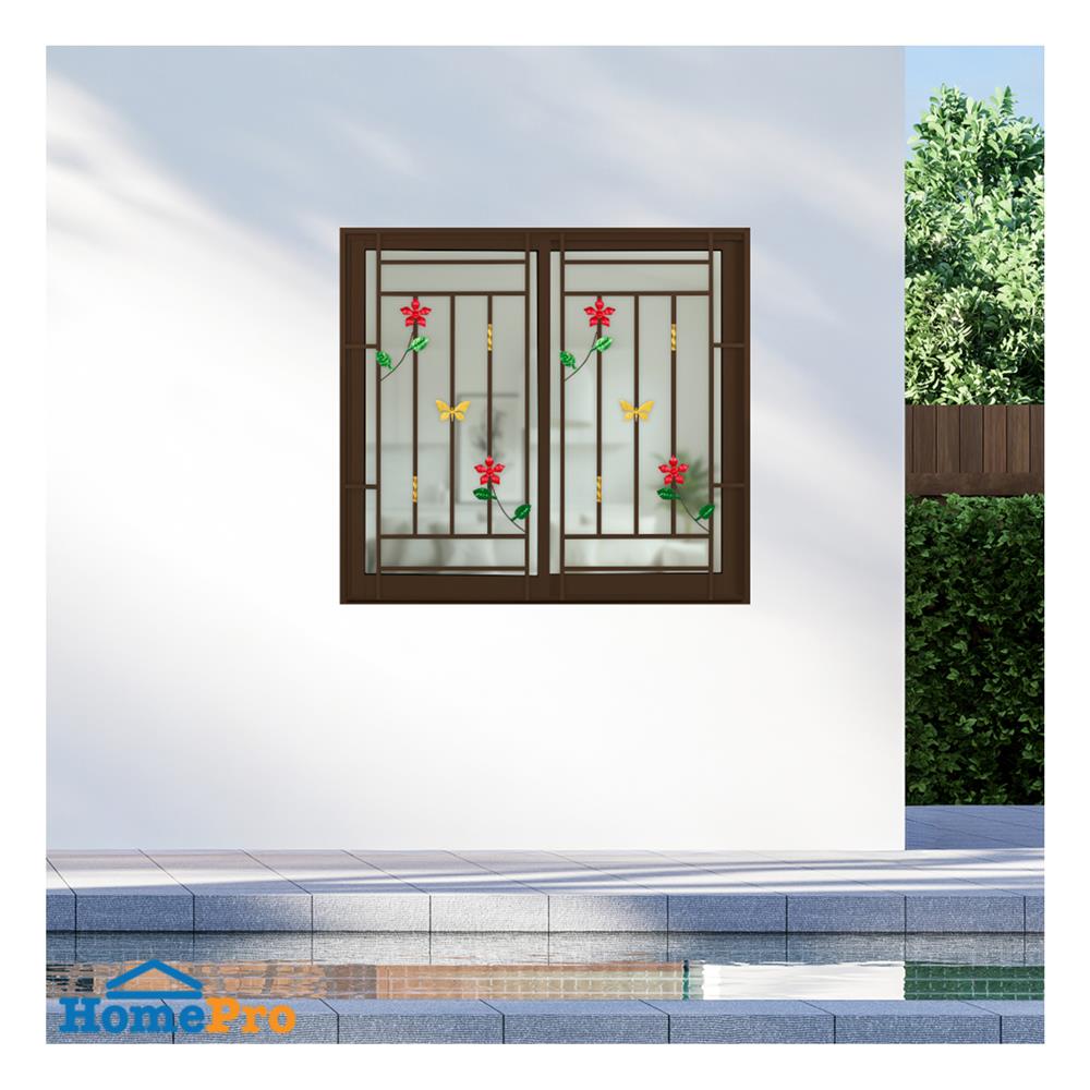หน้าต่างบานเลื่อนอะลูมิเนียม พร้อมมุ้งลวดและเหล็กดัด S-S KPA ดอกไม้แดง 120x110 ซม. สีชา