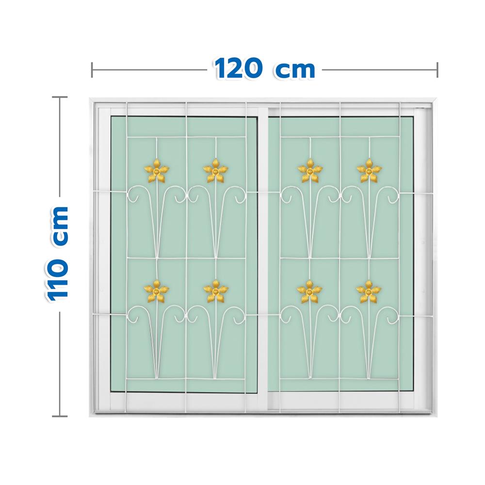 หน้าต่างบานเลื่อนอะลูมิเนียม พร้อมมุ้งลวดและเหล็กดัด S-S KPA ดอกไม้ทอง 120x110 ซม. สีขาว