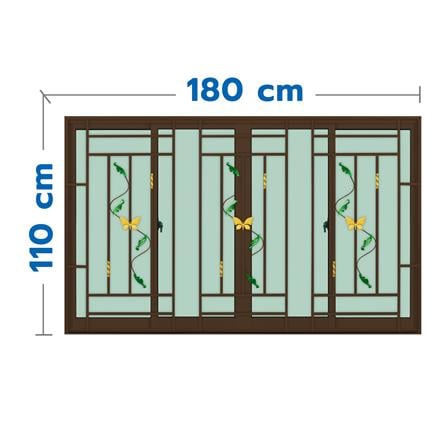 หน้าต่างบานเลื่อนอะลูมิเนียม พร้อมมุ้งลวดและเหล็กดัด F-S-S-F KPA ผีเสื้อ 180x110 ซม. สีชา_0