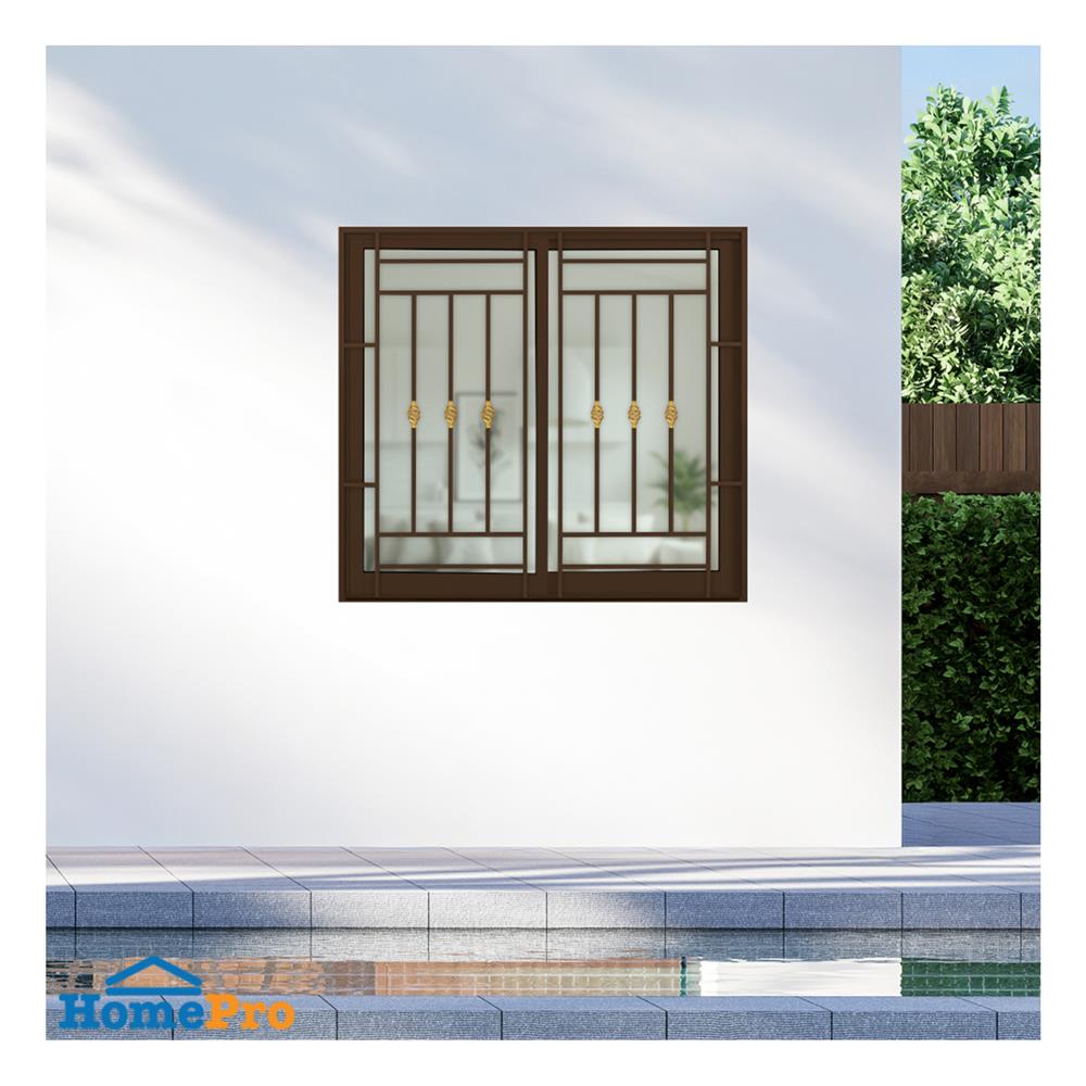 หน้าต่างบานเลื่อนอะลูมิเนียม พร้อมมุ้งลวดและเหล็กดัด S-S KPA โมเดิร์นหลุยส์ 120x110 ซม. สีชา