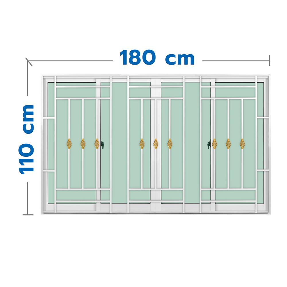 หน้าต่างบานเลื่อนอะลูมิเนียม พร้อมมุ้งลวดและเหล็กดัด F-S-S-F KPA โมเดิร์นหลุยส์ 180x110 ซม. สีขาว