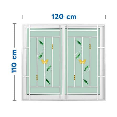 หน้าต่างบานเลื่อนอะลูมิเนียม พร้อมมุ้งลวดและเหล็กดัด S-S KPA ผีเสื้อ 120x110 ซม. สีขาว