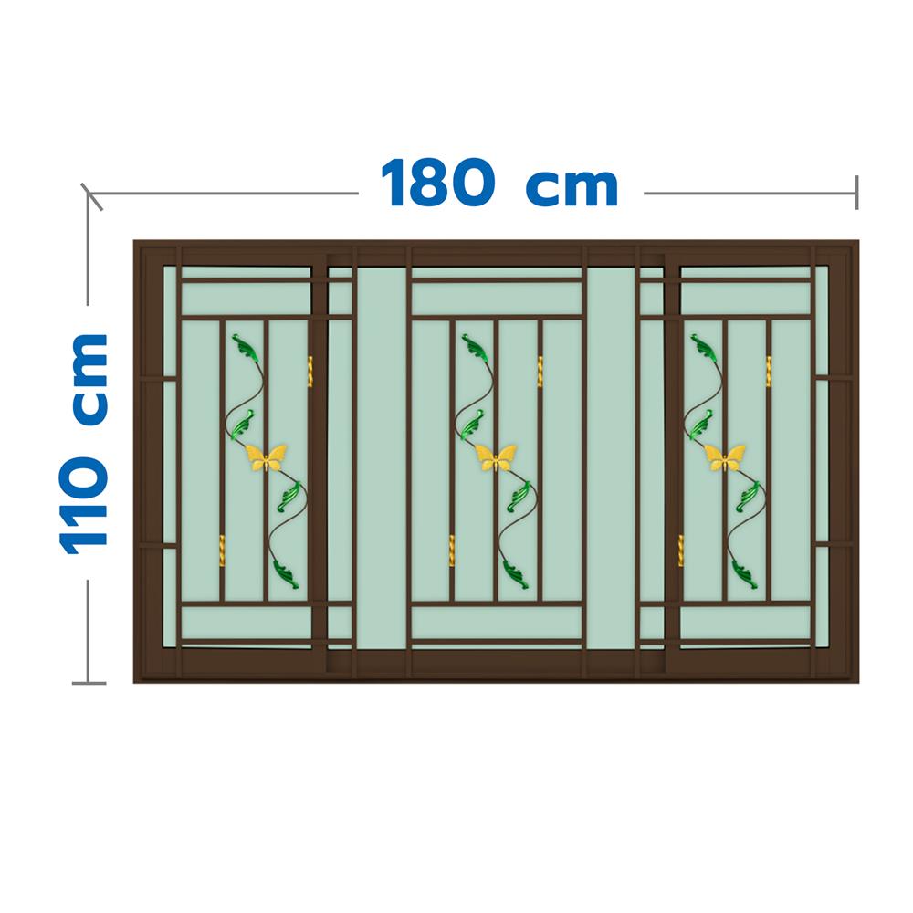 หน้าต่างบานเลื่อนอะลูมิเนียม พร้อมมุ้งลวดและเหล็กดัด S-F-S KPA ผีเสื้อ 180x110 ซม. สีชา