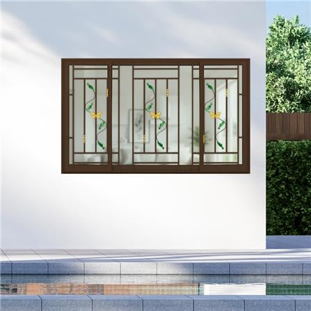 หน้าต่างบานเลื่อนอะลูมิเนียม พร้อมมุ้งลวดและเหล็กดัด S-F-S KPA ผีเสื้อ 180x110 ซม. สีชา_2