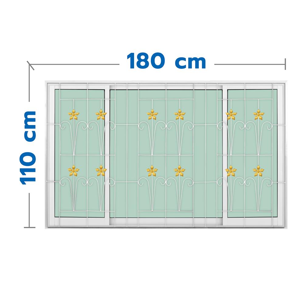 หน้าต่างบานเลื่อนอะลูมิเนียม พร้อมมุ้งลวดและเหล็กดัด S-F-S KPA ดอกไม้ทอง 180x110 ซม. สีขาว
