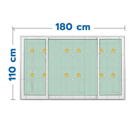 หน้าต่างบานเลื่อนอะลูมิเนียม พร้อมมุ้งลวดและเหล็กดัด S-F-S KPA ดอกไม้ทอง 180x110 ซม. สีขาว