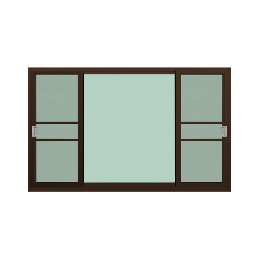 หน้าต่างบานเลื่อนอะลูมิเนียม พร้อมมุ้งลวดและเหล็กดัด S-F-S KPA ดอกไม้ทอง 180x110 ซม. สีชา