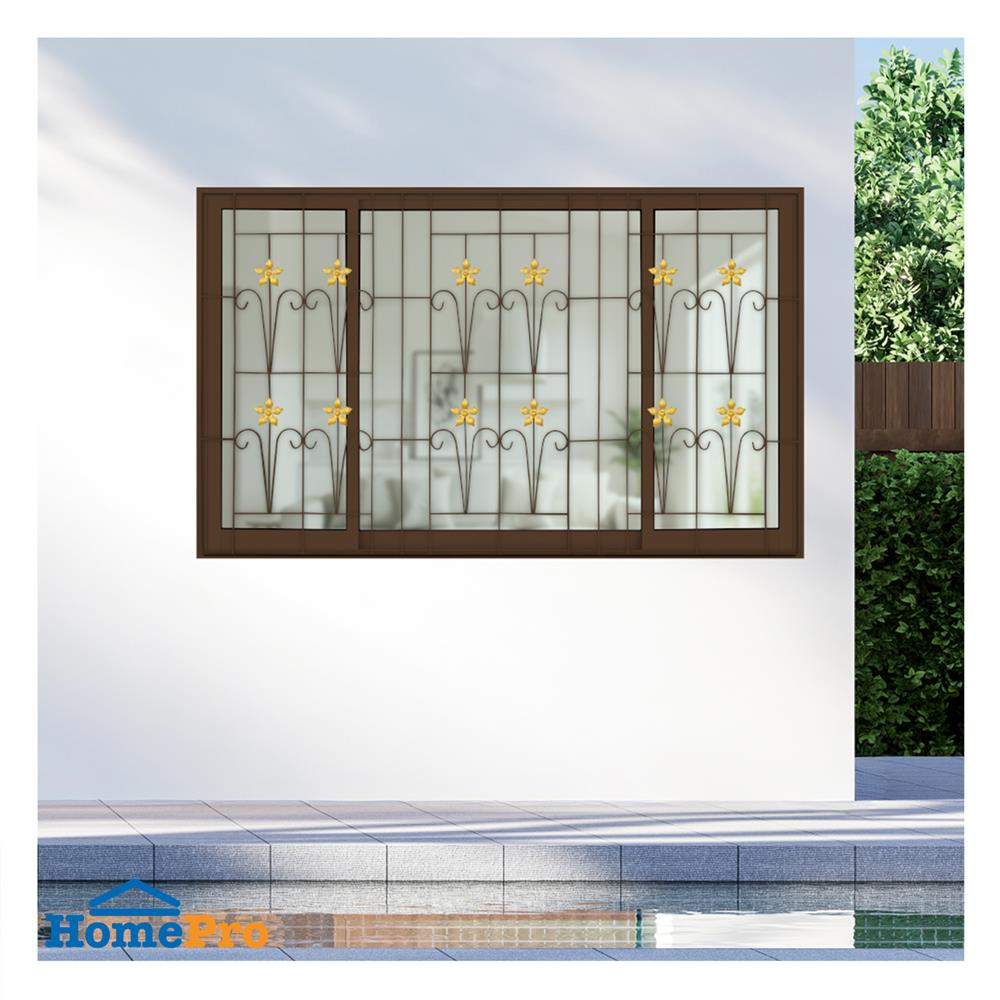 หน้าต่างบานเลื่อนอะลูมิเนียม พร้อมมุ้งลวดและเหล็กดัด S-F-S KPA ดอกไม้ทอง 180x110 ซม. สีชา