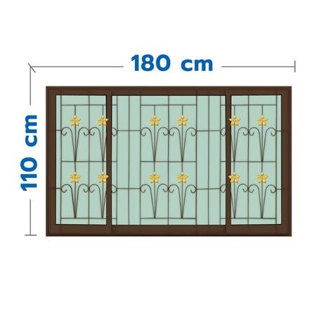 หน้าต่างบานเลื่อนอะลูมิเนียม พร้อมมุ้งลวดและเหล็กดัด S-F-S KPA ดอกไม้ทอง 180x110 ซม. สีชา_0