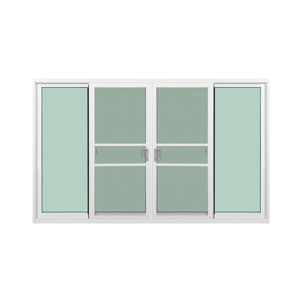 หน้าต่างบานเลื่อนอะลูมิเนียม พร้อมมุ้งลวดและเหล็กดัด F-S-S-F KPA พวงองุ่น 180x110 ซม. สีขาว