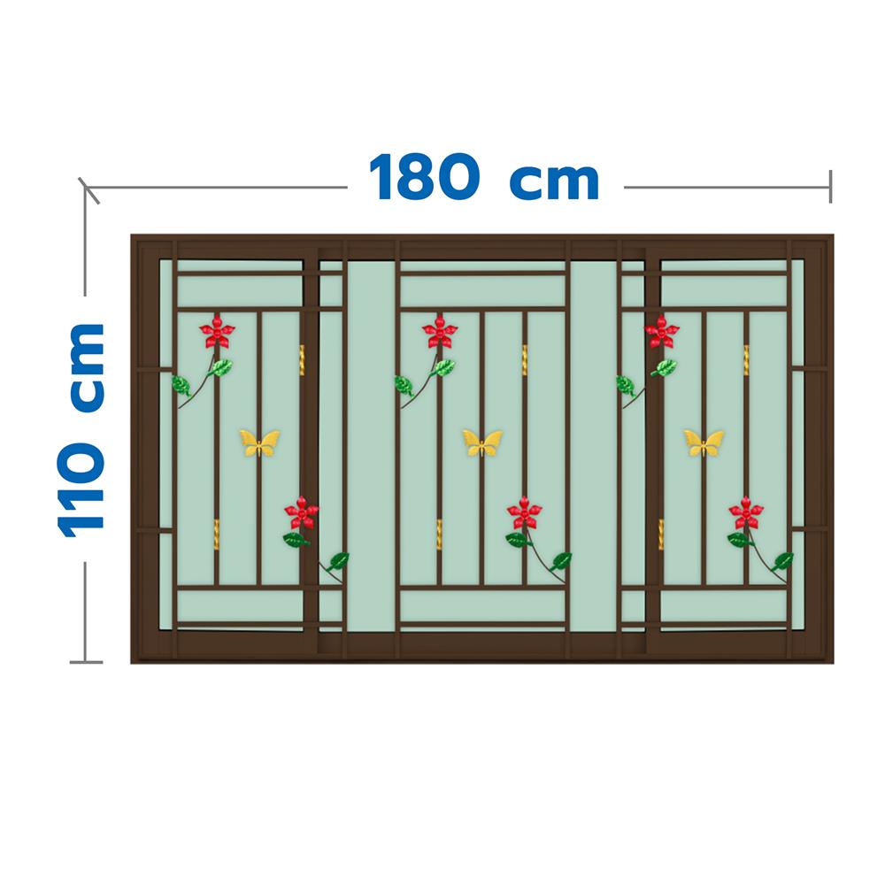 หน้าต่างบานเลื่อนอะลูมิเนียม พร้อมมุ้งลวดและเหล็กดัด S-F-S KPA ดอกไม้แดง 180x110 ซม. สีชา