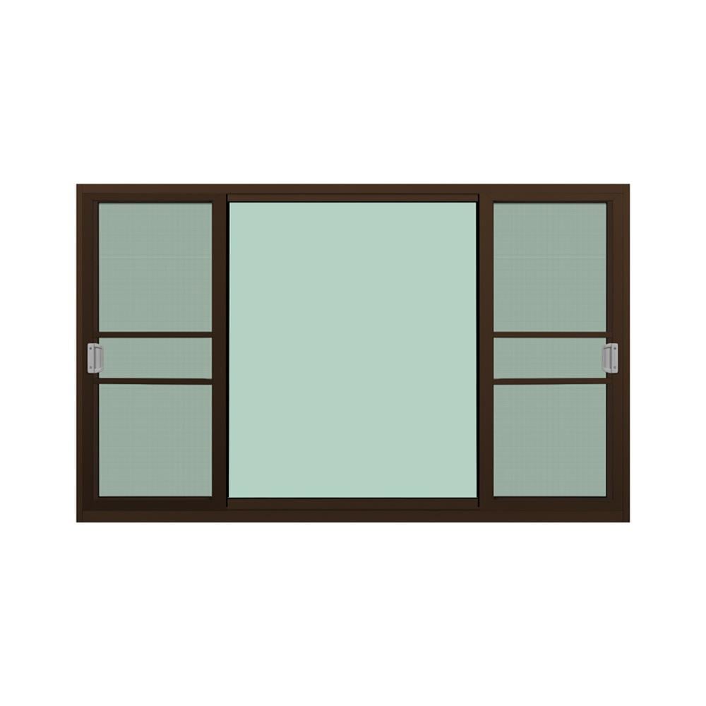 หน้าต่างบานเลื่อนอะลูมิเนียม พร้อมมุ้งลวดและเหล็กดัด S-F-S KPA ดอกไม้แดง 180x110 ซม. สีชา