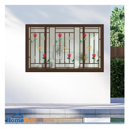 หน้าต่างบานเลื่อนอะลูมิเนียม พร้อมมุ้งลวดและเหล็กดัด S-F-S KPA ดอกไม้แดง 180x110 ซม. สีชา_2