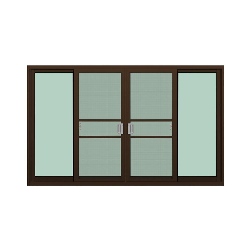 หน้าต่างบานเลื่อนอะลูมิเนียม พร้อมมุ้งลวดและเหล็กดัด F-S-S-F KPA ดอกไม้ทอง 180x110 ซม. สีชา