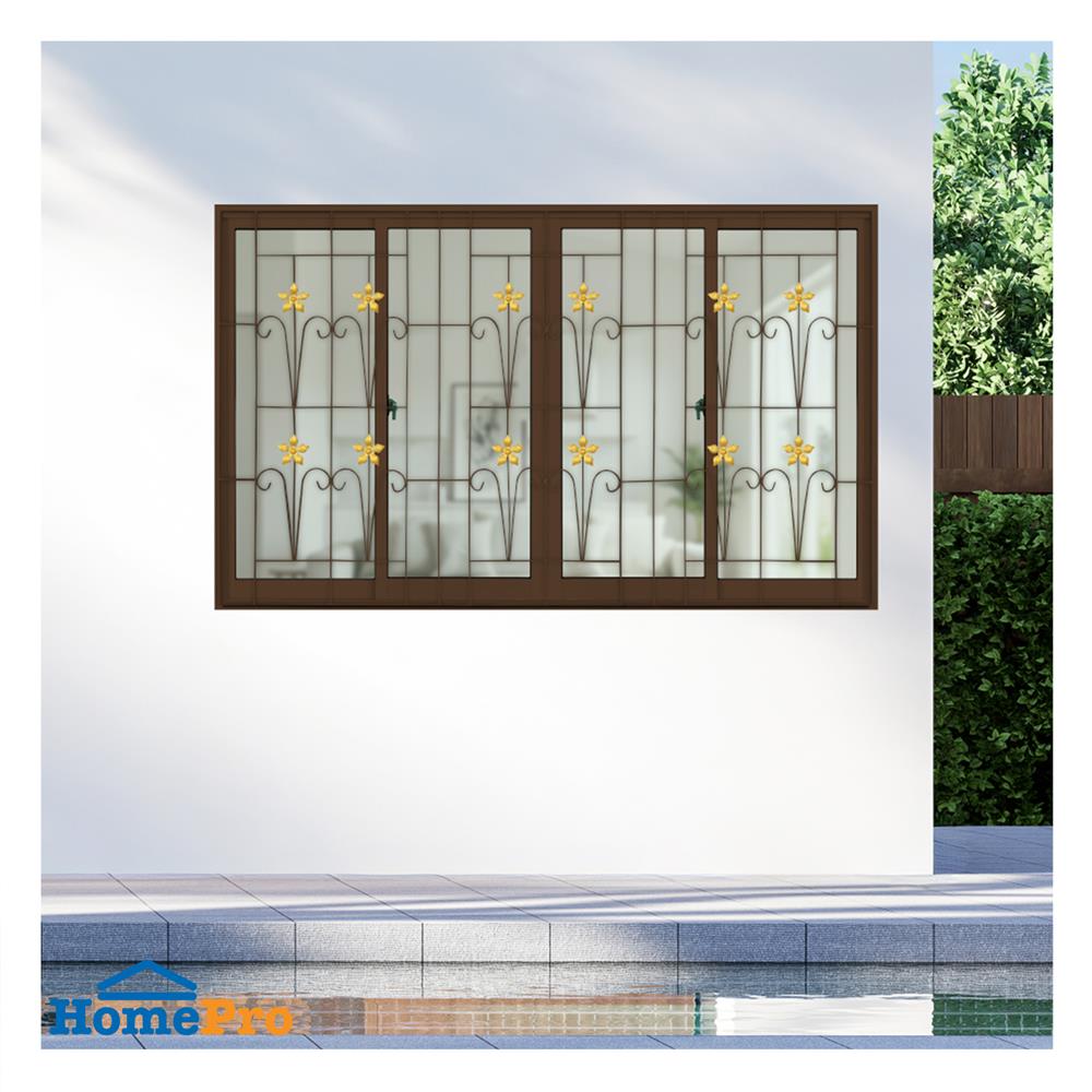 หน้าต่างบานเลื่อนอะลูมิเนียม พร้อมมุ้งลวดและเหล็กดัด F-S-S-F KPA ดอกไม้ทอง 180x110 ซม. สีชา