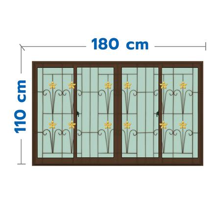 หน้าต่างบานเลื่อนอะลูมิเนียม พร้อมมุ้งลวดและเหล็กดัด F-S-S-F KPA ดอกไม้ทอง 180x110 ซม. สีชา_0