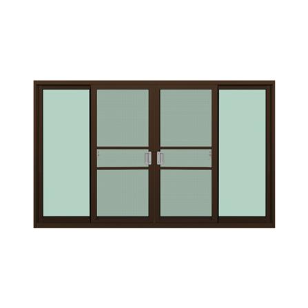 หน้าต่างบานเลื่อนอะลูมิเนียม พร้อมมุ้งลวดและเหล็กดัด F-S-S-F KPA ดอกไม้ทอง 180x110 ซม. สีชา_1