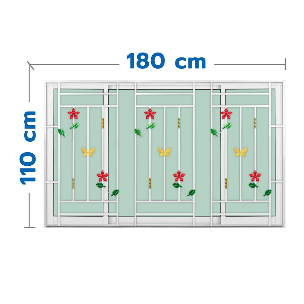 หน้าต่างบานเลื่อนอะลูมิเนียม พร้อมมุ้งลวดและเหล็กดัด S-F-S KPA ดอกไม้แดง 180x110 ซม. สีขาว