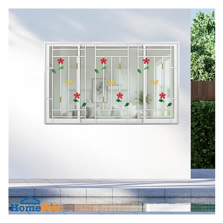 หน้าต่างบานเลื่อนอะลูมิเนียม พร้อมมุ้งลวดและเหล็กดัด S-F-S KPA ดอกไม้แดง 180x110 ซม. สีขาว_2