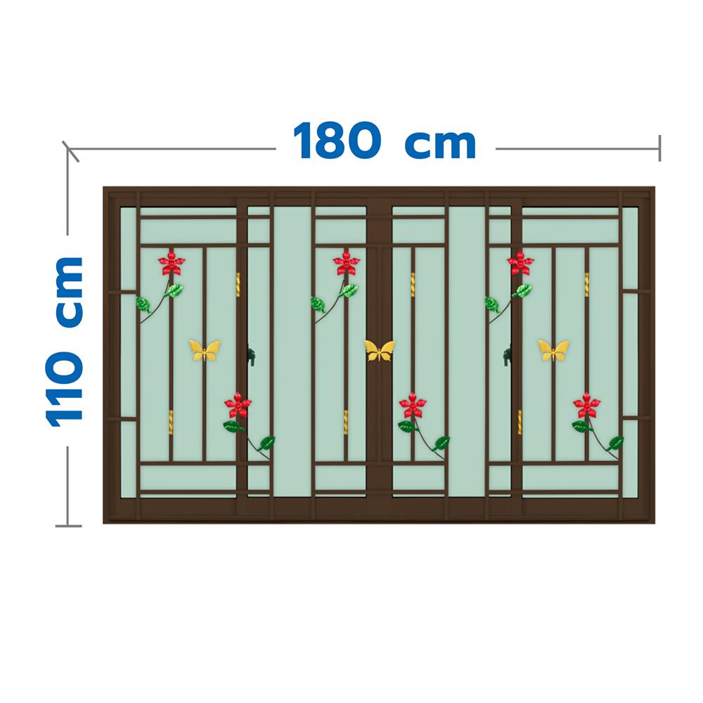 หน้าต่างบานเลื่อนอะลูมิเนียม พร้อมมุ้งลวดและเหล็กดัด F-S-S-F KPA ดอกไม้แดง 180x110 ซม. สีชา
