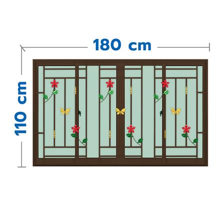 หน้าต่างบานเลื่อนอะลูมิเนียม พร้อมมุ้งลวดและเหล็กดัด F-S-S-F KPA ดอกไม้แดง 180x110 ซม. สีชา_0