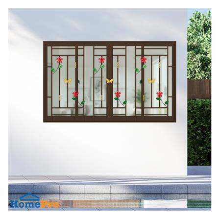 หน้าต่างบานเลื่อนอะลูมิเนียม พร้อมมุ้งลวดและเหล็กดัด F-S-S-F KPA ดอกไม้แดง 180x110 ซม. สีชา_2