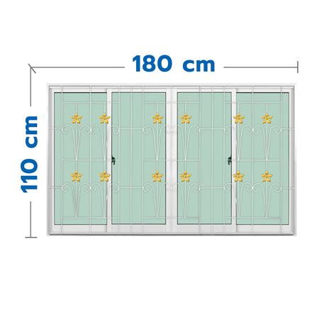 หน้าต่างบานเลื่อนอะลูมิเนียม พร้อมมุ้งลวดและเหล็กดัด F-S-S-F KPA ดอกไม้ทอง 180x110 ซม. สีขาว